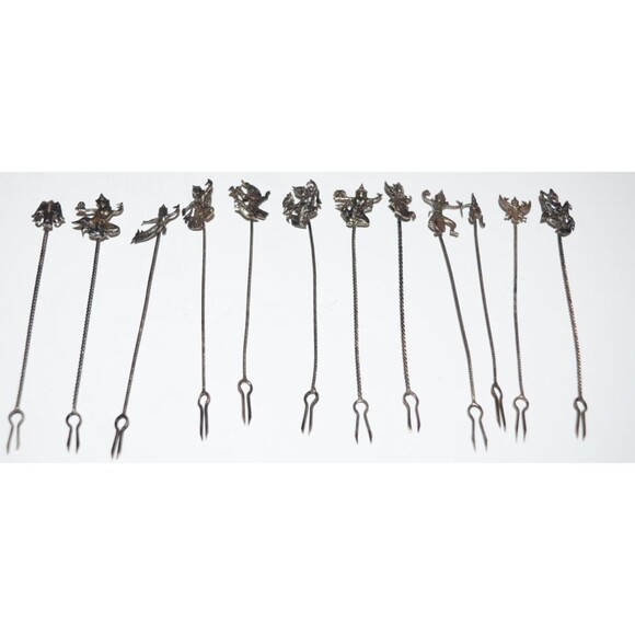 Vtg Silvertone Cocktail Picks Asian Oriental Appetizer Siam Dancer Medieval 12pc - Picture 1 of 10